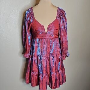 Entro Iridescent Red and‎ Blue Babydoll Tiered Milkmaid Dress 3/4 Sleeves Small